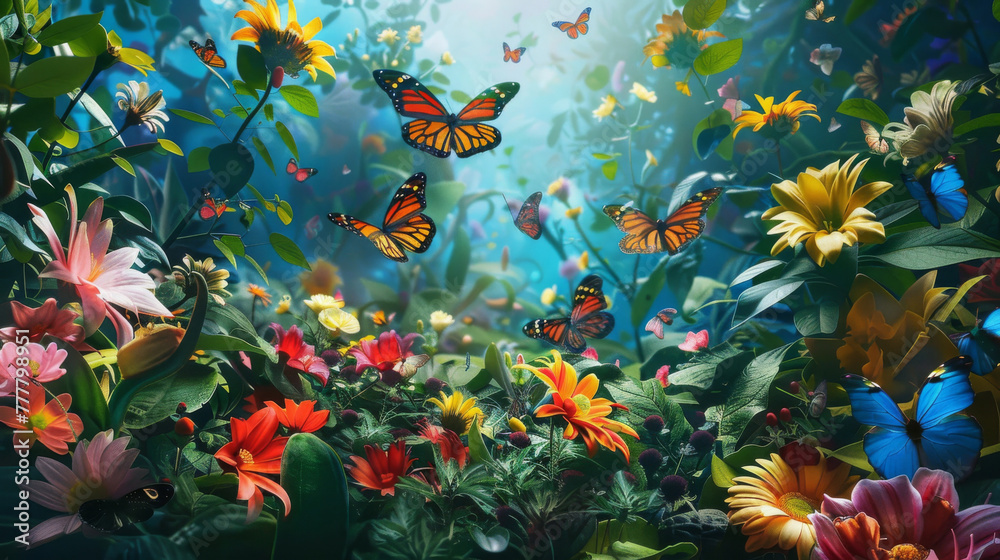 Vibrant spring background filled with colorful flowers and fluttering butterflies Vibrant spring background filled with colorful flowers and fluttering butterflies