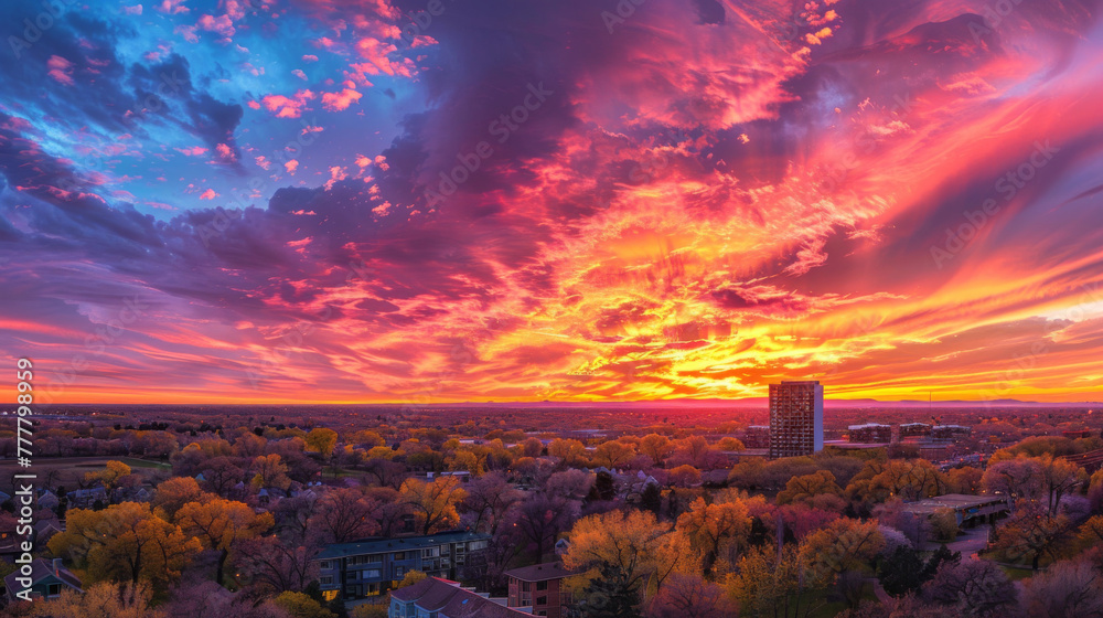 Fototapeta premium Vibrant spring sunset over cityscape