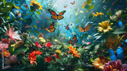Vibrant spring background filled with colorful flowers and fluttering butterflies
