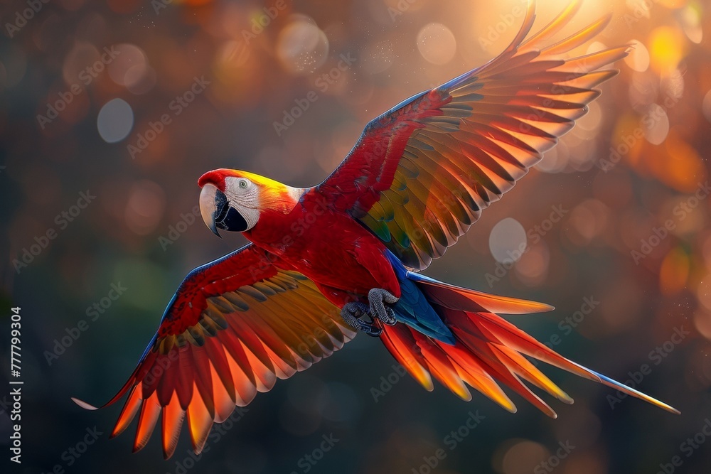 A colorful parrot is flying through the air