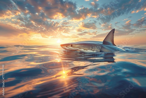 A shark is swimming in the ocean with the sun setting in the background photo