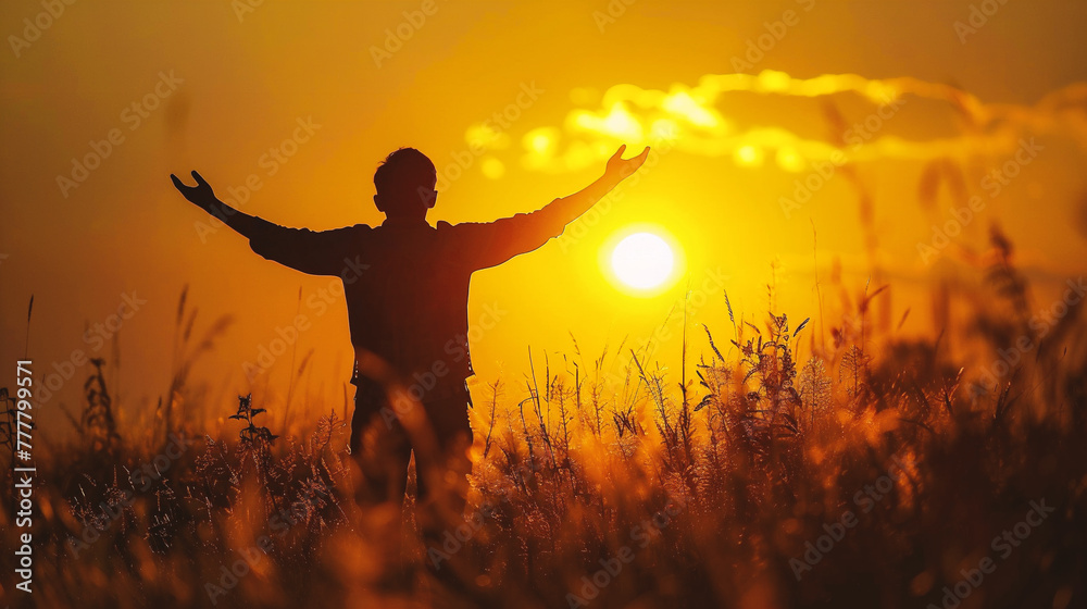 Silhouette of a man with raised hands in the field at sunset Silhouette of a man with raised hands in the field at sunset