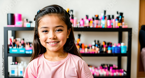 A young girl standing in front of a shelf filled with various beauty products such as nail polish, lipstick, and eye