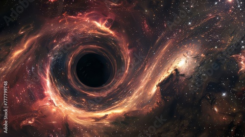 A captivating view of a massive supermassive black hole at the center of a distant galaxy, with swirling clouds of gas and dust surrounding it. photo