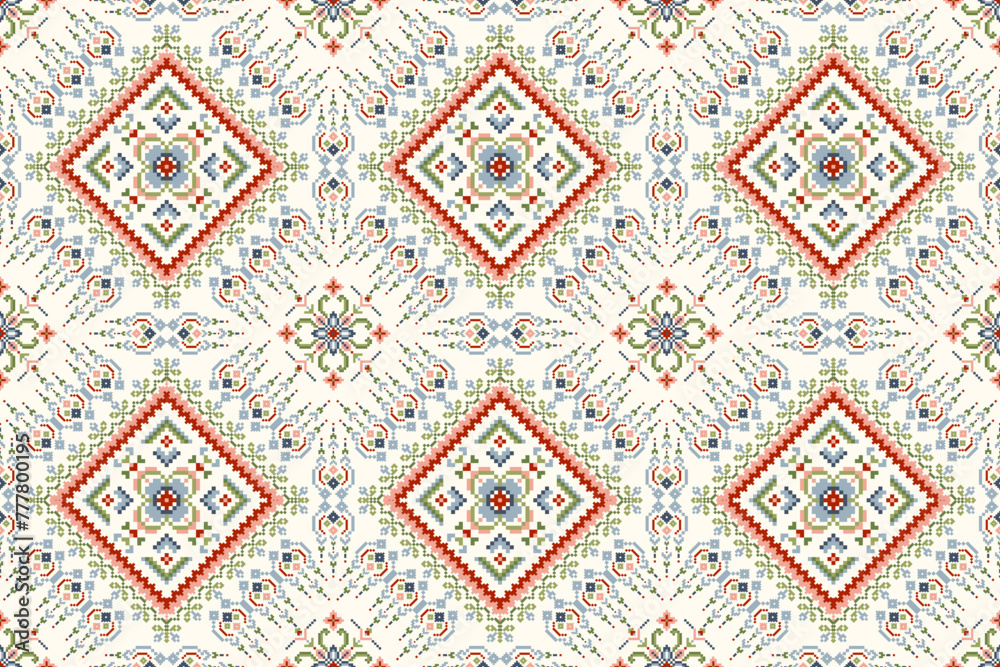 Geometric ethnic oriental seamless pattern on white background vector illustration.floral pixel art concept