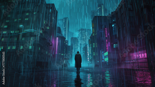 Solitary Figure in Rainy Cyberpunk Cityscape