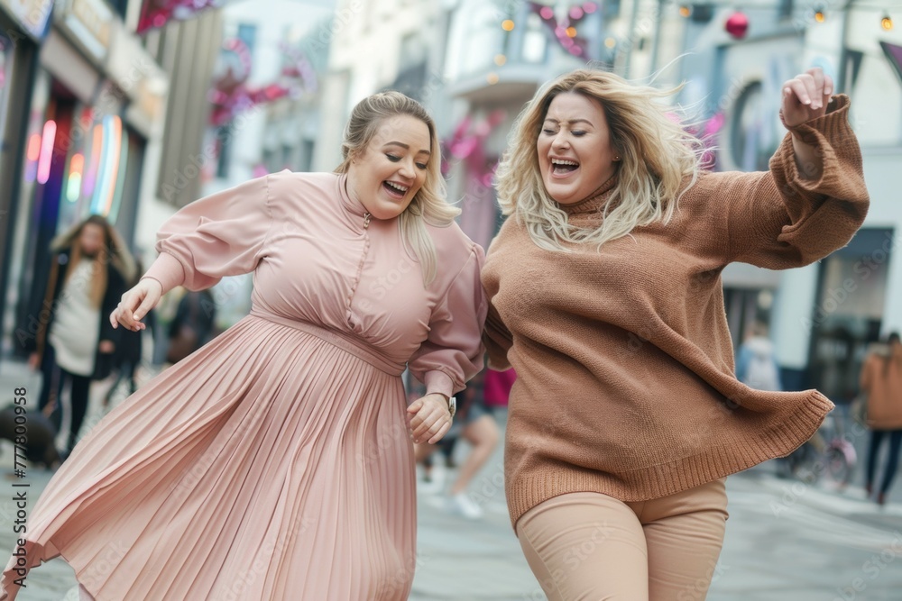 Two women are running down a street, one wearing a pink dress