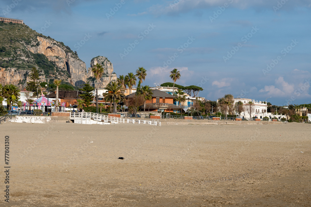 View on sandy beach of Terracina, Tyrrhenian Sea bay, ancient Italian city in province Latina, Italy