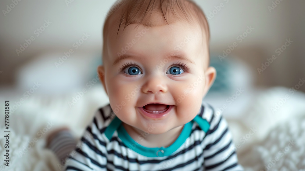 Cherubic Baby with Striking Blue Eyes and Striped Shirt, Pure Delight