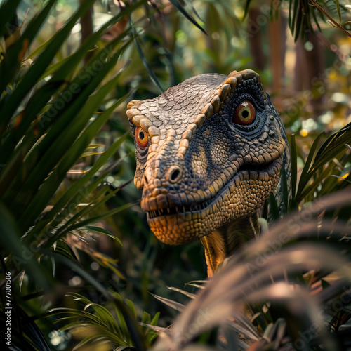 Close-Up of a Dinosaur Peeking Through Lush Foliage