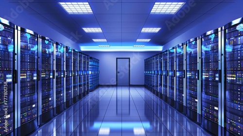 Data Center Corridor with Server Racks. High Internet Visualisation Projection, server technology datum network, web security