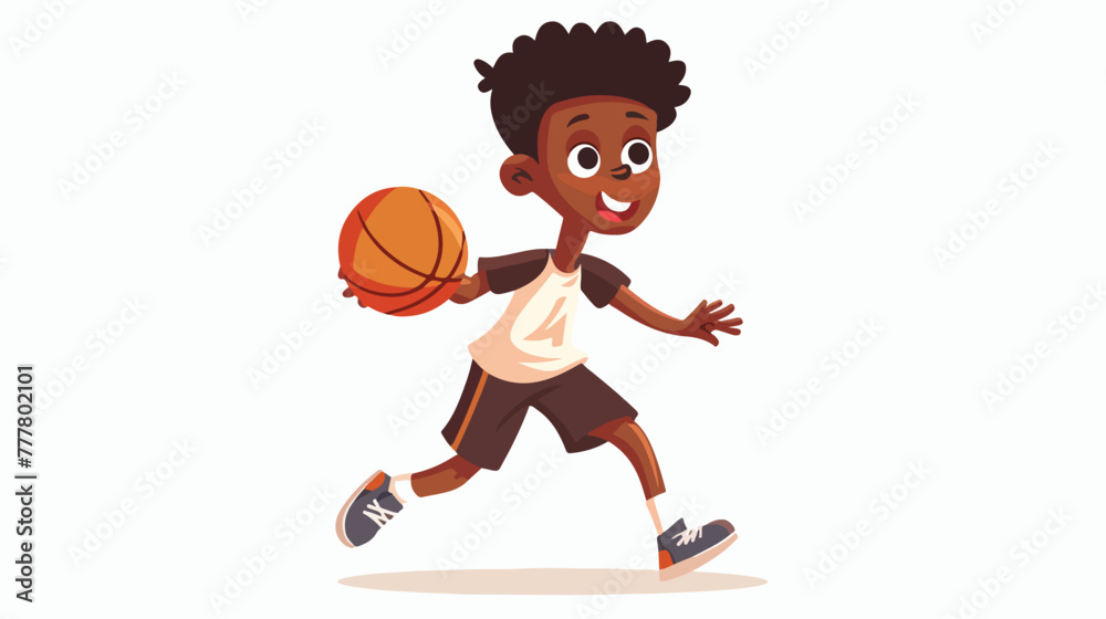 Cartoon African American boy playing basketball flat