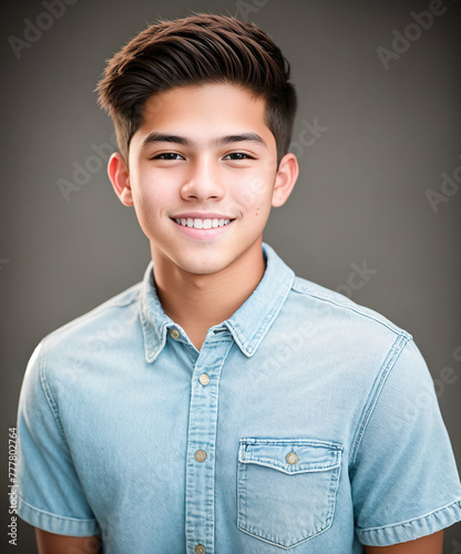 A young man with short, messy hair and a blue shirt smiling at the camera. photo