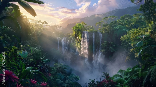 A cascading waterfall hidden deep within a lush tropical jungle  its misty spray catching the first light of dawn.