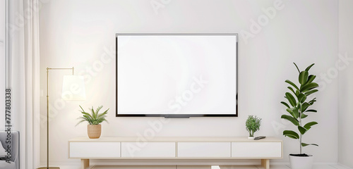 A minimalist TV cabinet with a TV mockup displaying a white screen, accompanied by a small potted plant and a sleek lamp, against a white wall background