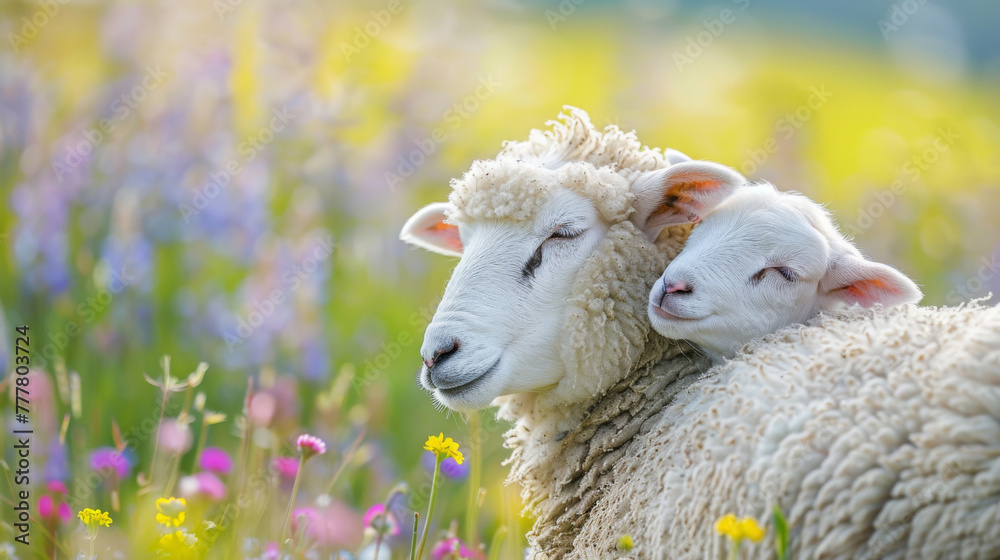Obraz premium Tender moment between sheep in spring meadow