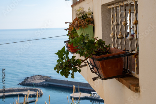 Fototapeta Naklejka Na Ścianę i Meble -  White old houses and narrow streets in medieval small touristic coastal town Sperlonga, Latina, vacation in Italy