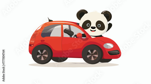 Cartoon baby panda driving red car flat vector isolated