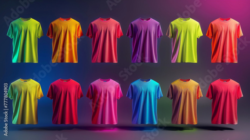 A selection of neon-colored blank shirt mockups, each garment's front and back angles shot under bright lights to enhance the vibrant hues and details. 32k, full ultra hd, high resolution photo