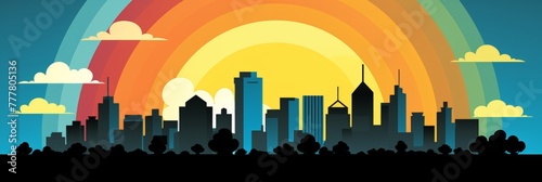 A colorful cityscape illustration in a retro pop art style with a rainbow and clouds in the background. The perfect backdrop for any project needing a vibrant urban touch. Panoramic Composition.