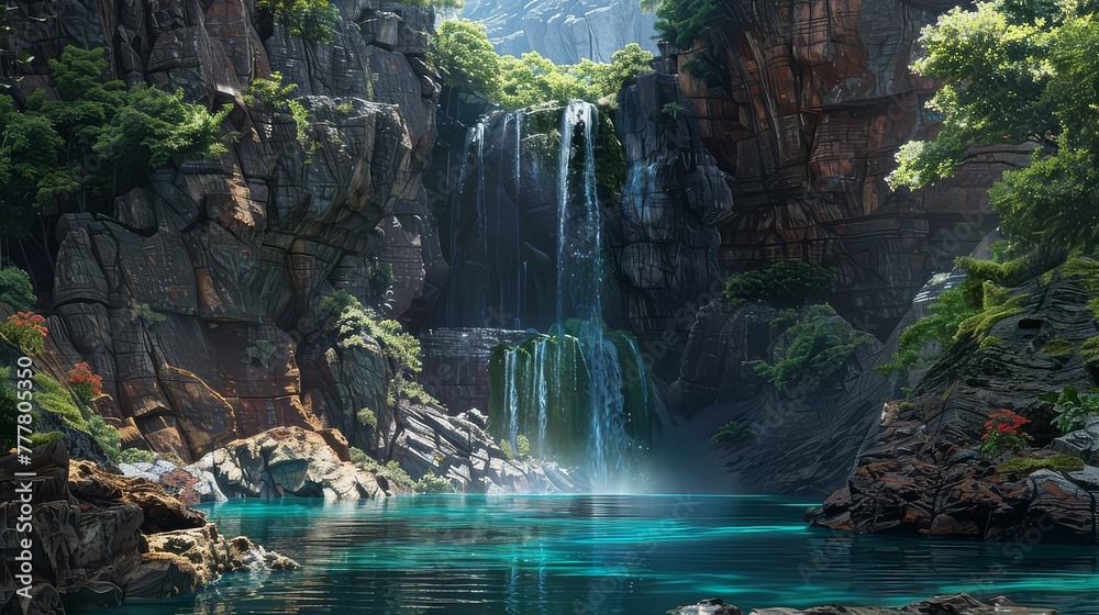 A cascading waterfall plunging into a hidden emerald pool, a secret oasis nestled within rugged cliffs. - obrazy, fototapety, plakaty 