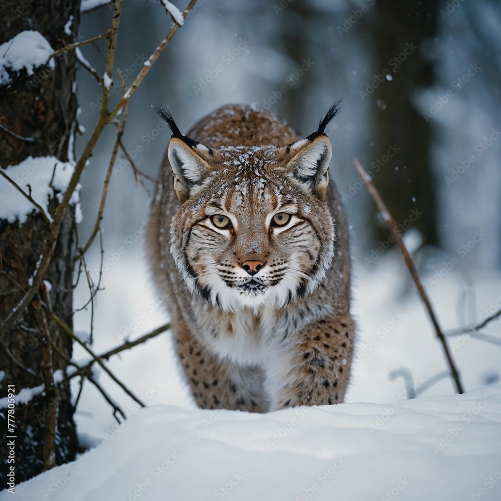 Obraz premium Winter wildlife. A face-to-face walk with a lynx. 