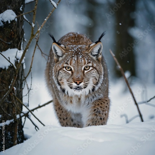 Winter wildlife. A face-to-face walk with a lynx. Generative AI