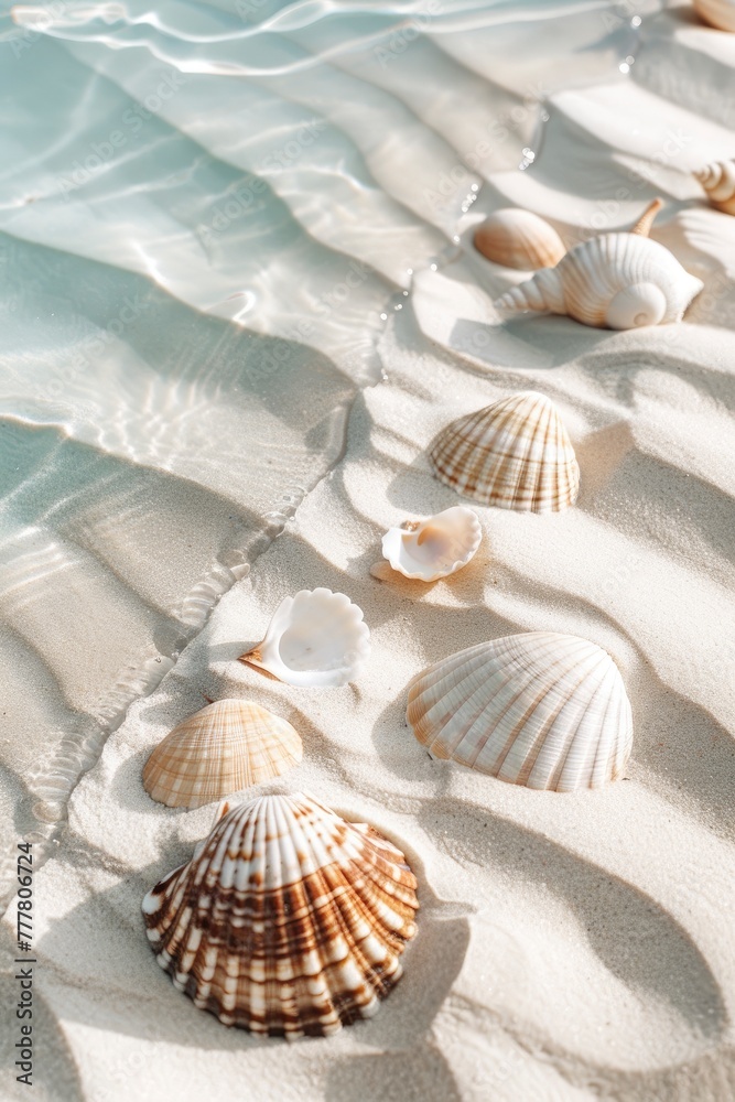 a beach scene featuring beach sand and seashells, in the style of light white and sky-blue, ferrania p30, serene visuals, ad posters, vibrant stage backdrops - generative ai a beach scene featuring beach sand and seashells, in the style of light white and sky-blue, ferrania p30, serene visuals, ad posters, vibrant stage backdrops - generative ai