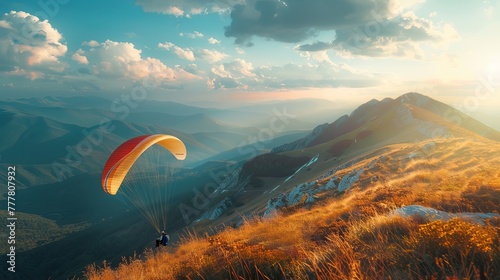 A paraglider is seen preparing to take off from a mountain peak. photo