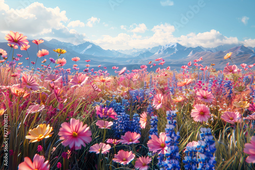 A field of wildflowers sways gently in the breeze, a kaleidoscope of colors painting the landscape in hues of pink, purple, and gold. Concept of untamed beauty and natural diversity. Generative Ai.