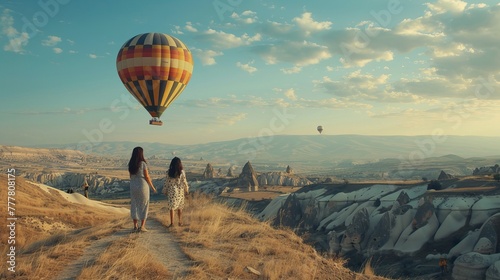 A hot air balloon drifts gracefully over the stunning landscape of Cappadocia, while girls watch the spectacle from a hilltop.