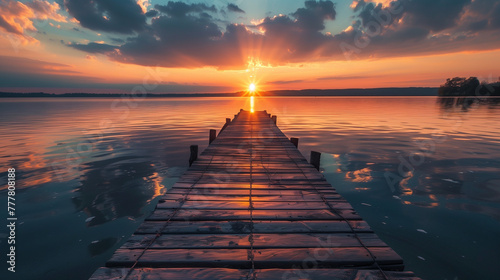 A wooden pier is seen in front of a body of water. AI.