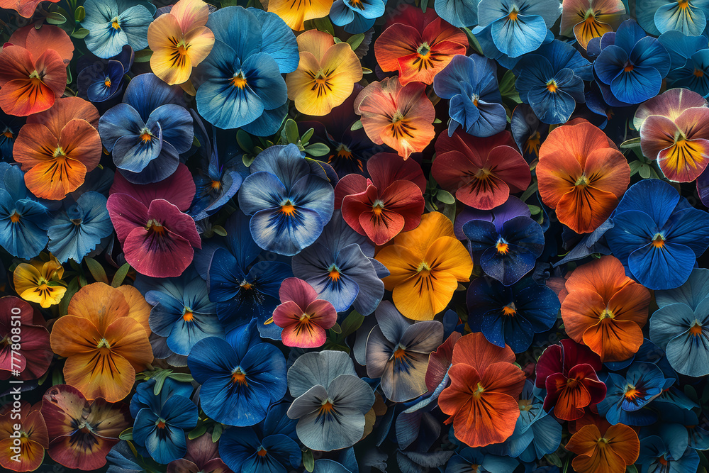 A profusion of delicate pansies blooms in a riot of colors, their velvety petals reminiscent of miniature works of art. Concept of artistic beauty and floral diversity. Generative Ai. A profusion of delicate pansies blooms in a riot of colors, their velvety petals reminiscent of miniature works of art. Concept of artistic beauty and floral diversity. Generative Ai.
