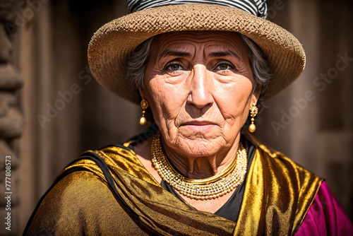 An elderly woman wearing a straw hat and a pink shawl. © Miklos