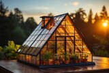 A cozy glass greenhouse filled with a variety of lush houseplants resting on a rustic wooden table bathed in the warm glow of the setting sun, creating a serene indoor oasis
