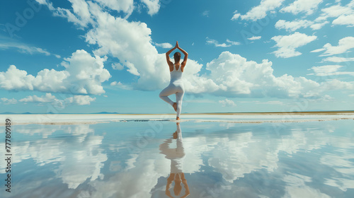 infinity salt lake and sky, sporty woman doing yoga exercise
