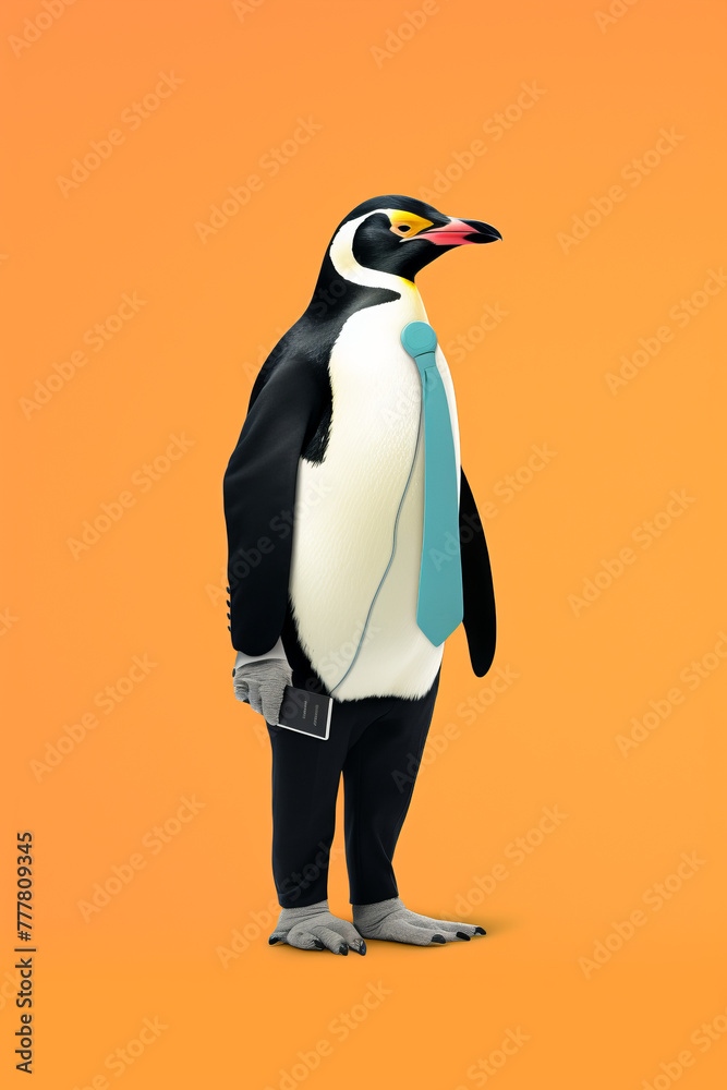 Obraz premium A penguin wearing a tie and holding a cell phone