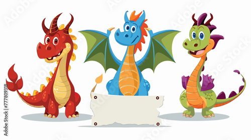 Cartoon dragons with blank sign flat vector isolated