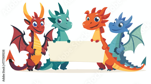 Cartoon dragons with blank sign flat vector isolated