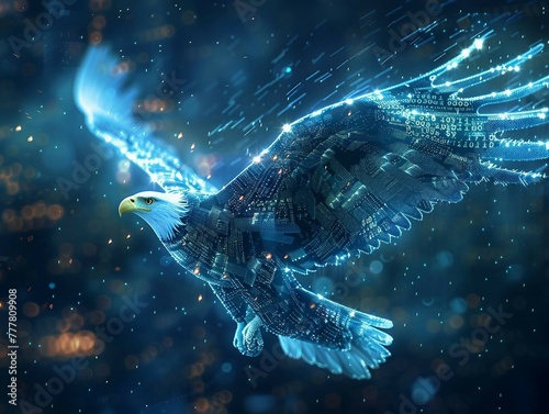 digital eagle with data streams , ai in aerial surveillance and reconnaissance systems, enhancing security and situational awareness in  defense, law enforcement, and emergency response.