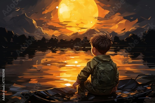 A boy, looking contemplative, sits on the shore of a calm lake. The sun sets, casting a warm glow on the water, creating a peaceful and reflective scene photo