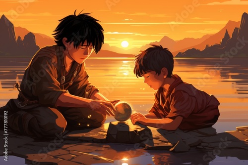 Two men in traditional Japanese attire stand beside a tranquil lake, admiring a glowing orb in the sunset. One man has long black hair, while the other has short brown hair photo