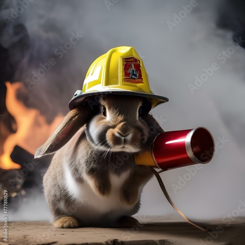 A rabbit wearing a firefighter helmet and putting out a fire1 photo