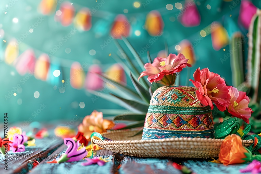 Mexican Cinco de Mayo holiday background, colorful hat among festive flowers.