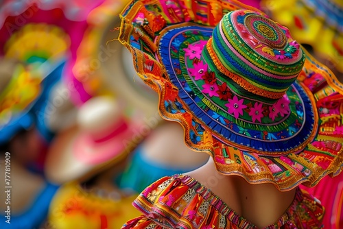 A woman wearing a colorful hat is surrounded by other people wearing hats photo