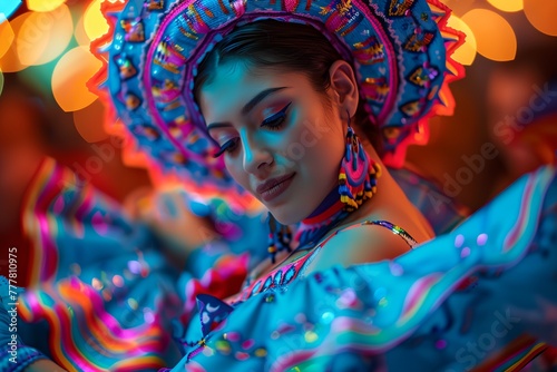 Cinco de Mayo woman dancer in a colorful outfit, festive party.