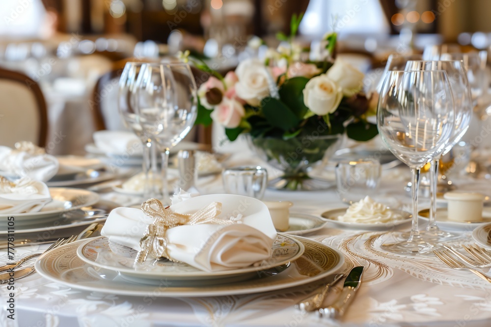A table with a white tablecloth and a vase of flowers in the center