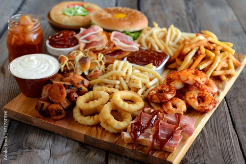 A wooden board with a variety of food items including fries, shrimp