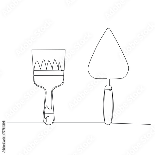 Continuous line drawing of a paint brush and plastering trowel. Simple flat hand drawn style vector for tool in engineering and construction