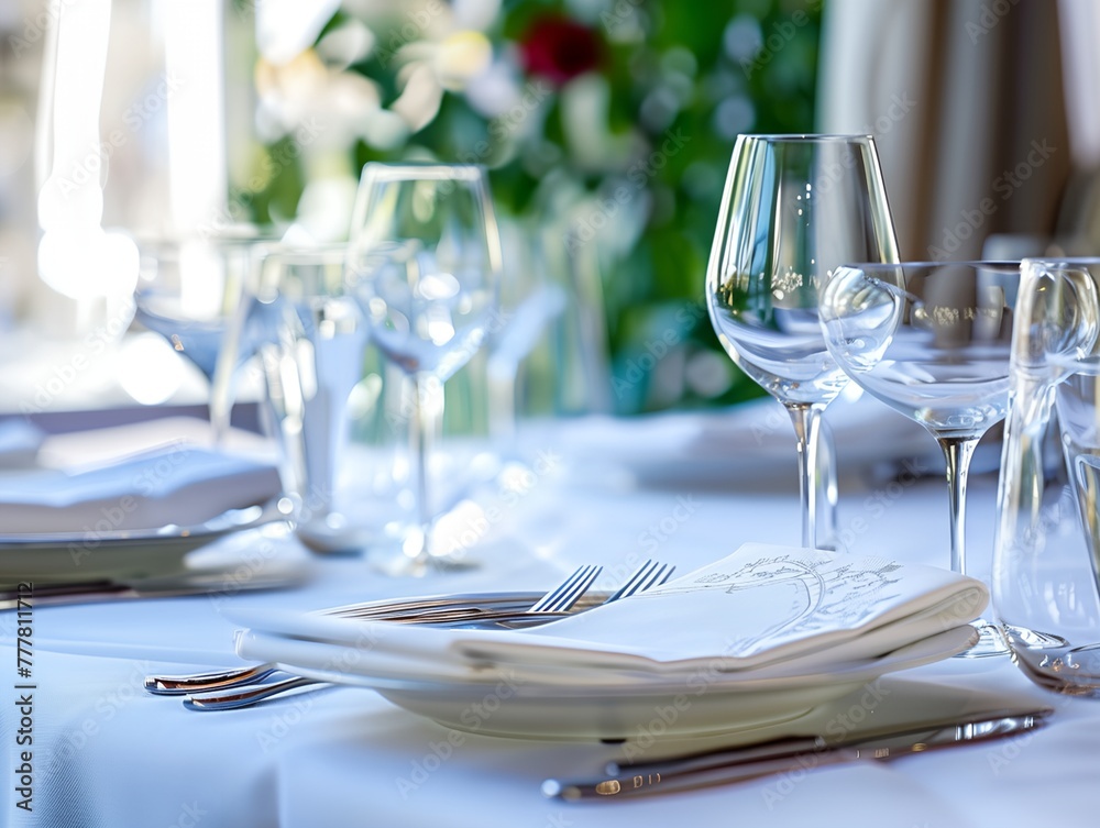 A table with a white tablecloth and a set of wine glasses and forks
